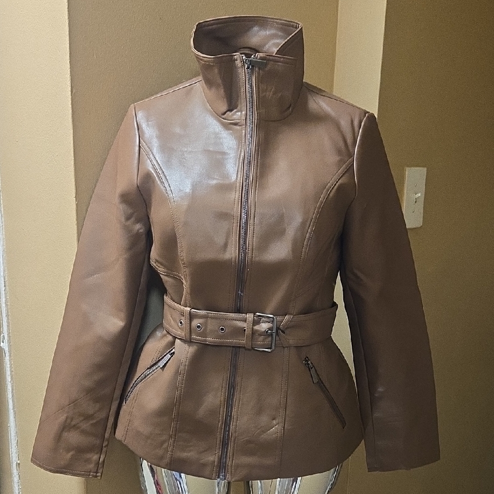 Kenneth Cole Brown Faux Belted Leather Jacket with High Collar